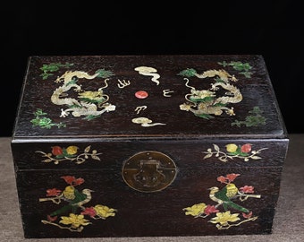 Chinese antique pure hand carved sandalwood inlaid exquisite dragon and phoenix pattern treasure chest,storage box ornaments