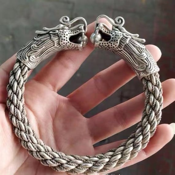 Collection of Chinese Antique Hand carved Tibet Silver Dragon Head Bracelet Gift Etsy Canada
