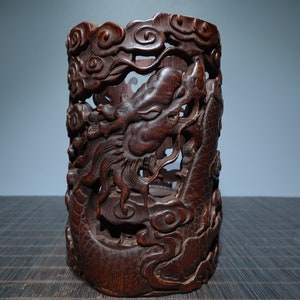 Chinese Antique Hand Carved rare Bamboo Carving Dragon pen holder ornament