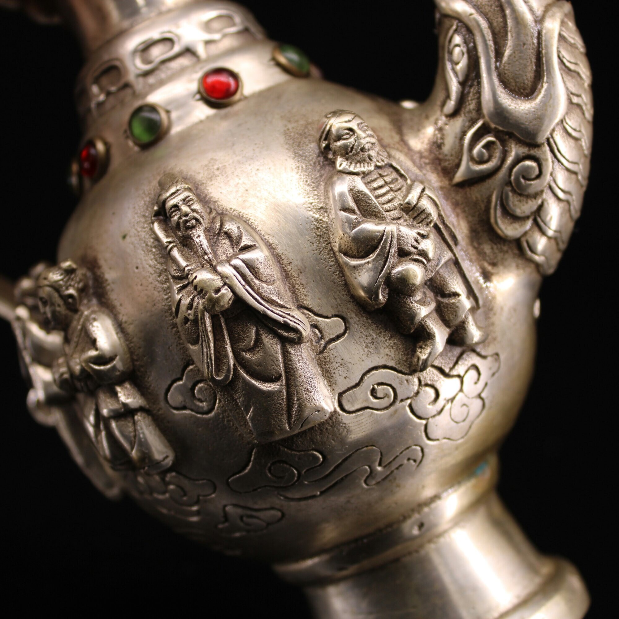 Chinese Antique Pure Hand-carved White Copper Inlaid Gems