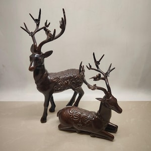 Chinese pure hand-carved pure copper flowers and birds deer statue ornaments a pair,home decor,exquisite and precious,worth collecting