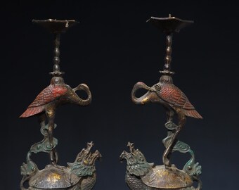 A pair of Chinese statue hand-carved pure copper bronze longevity turtle and crane candlesticks ornament,precious and worth collecting