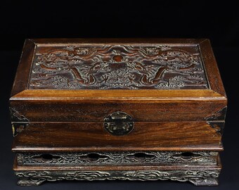 Chinese antique pure hand-carved rosewood with base double dragon pattern treasure box storage box,rare and precious,can be collected