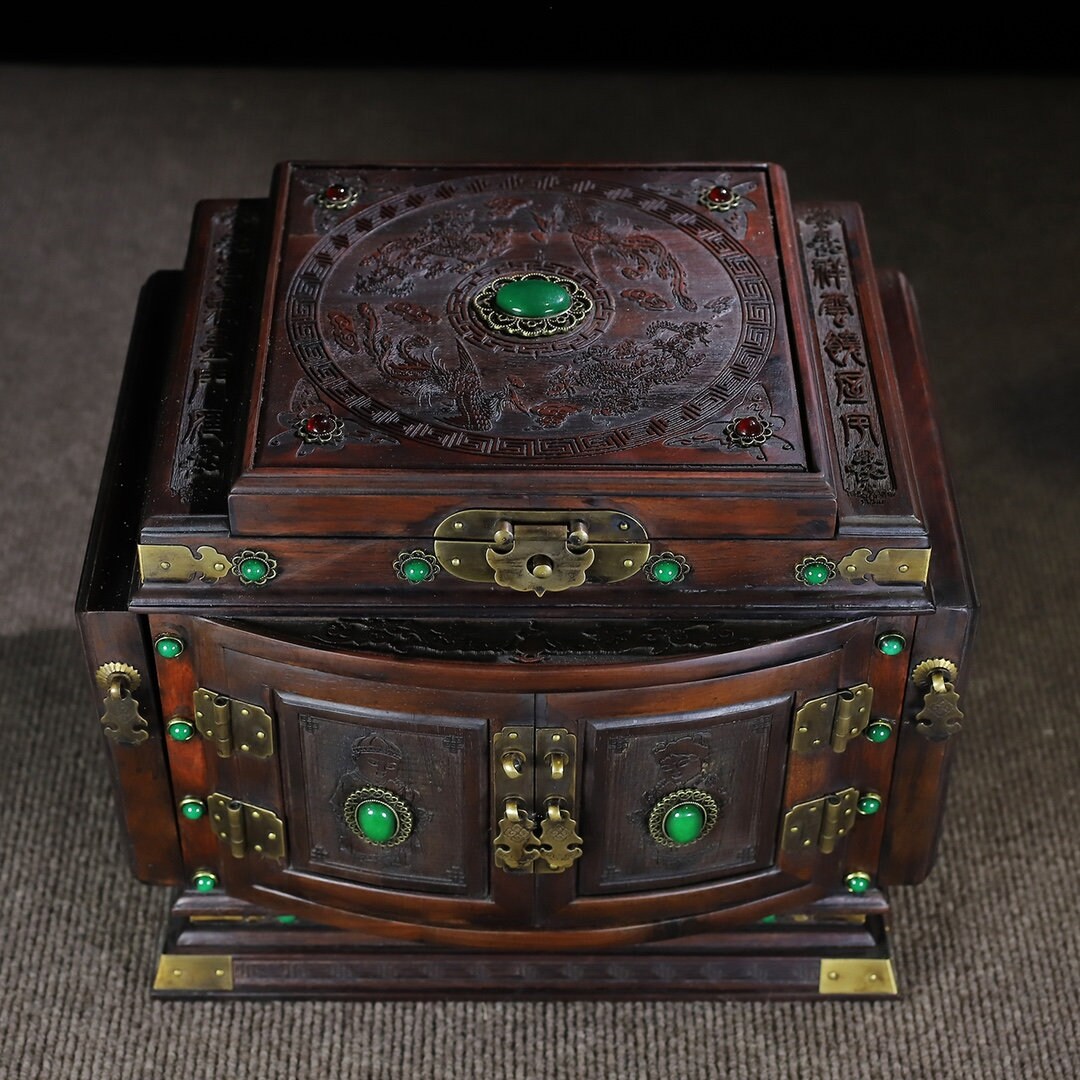 Chinese antique hand carved rosewood dragon and phoenix pattern inlaid gems jewelry box,dressing boxes,storage box,exquisite and precious
