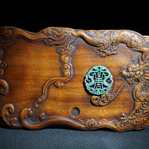 Chinese antique hand carved Rosewood Inlaid Gem Dragon Pattern Inkstone,tea tray,exquisite ornament