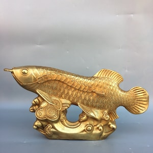 Chinese antique hand-carved large pure copper gilt gold arowana statue ornament,exquisite and worth collecting