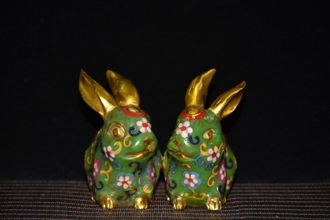 Chinese Antique Pure Copper Cloisonne Cute Rabbit Ornaments a Pair,home ...