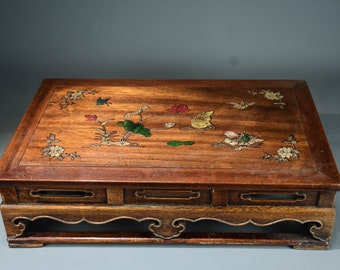 Chinese antique natural rosewood tea table statue is pure hand carving lotus mandarin duck pattern is rare and precious