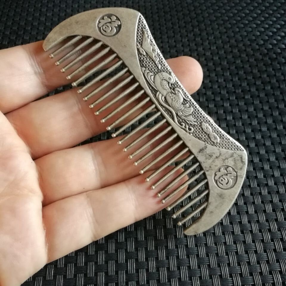Collectible Handwork Old White Copper & Tibet Silver Carving Belle Usable Comb 