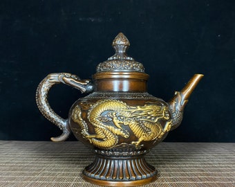 Ornement de théière chinois antique en cuivre pur dragon Jixiang et motif phénix, forme exquise sculptée à la main peut être collecté