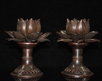 Chinese antique pure copper bronze hand carved lotus statue candlestick ornaments,exquisite and rare,worth collecting and use