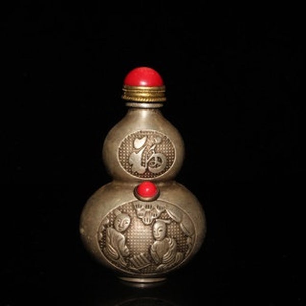 Chinese antique collection pure white copper Tibetan silver inlaid gem gourd snuff bottle Father's Day gift