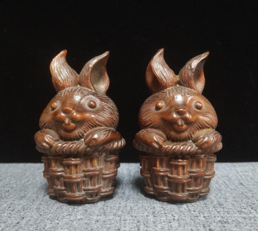 Boxwood Rabbit China's Ancient Natural Boxwood Carving Rabbit Statue a Pair Handmade ...