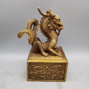 Chinese antique pure hand-carved large pure copper double dragon play bead copper seal ornament,exquisite shape