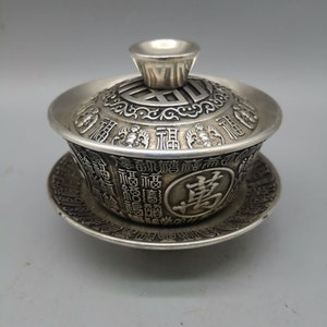 Antique Bronze collection white copper hand carved Fu character tea cup cover bowl