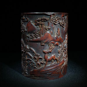 Chinese Antique Hand Carved rare Bamboo Carving exquisite pattern pen holder ornament