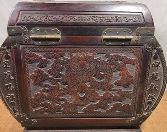 Chinese pure hand-carved mahogany dragon and phoenix picture storage box dressing box,which is valuable for collection and can be used