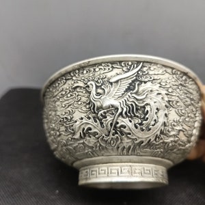 Chinese antique pure hand-carved exquisite white copper phoenix bowl,rare and precious,can be collected
