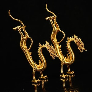 Chinese antique handmade pure copper gilt standing dragon statue a pair of ornaments,home decor desk decor,precious,worth Collecting