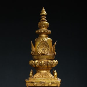 Chinese statue pure hand carved large pure copper gilt pagoda ornaments,exquisite and highly collectible