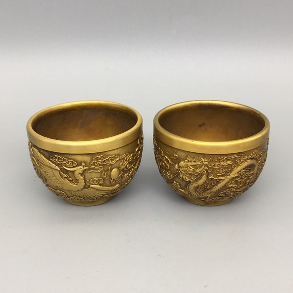 Pure copper hand-carved brass a pair carving dragon and phoenix pattern tea cup wine cup,worth collection and used