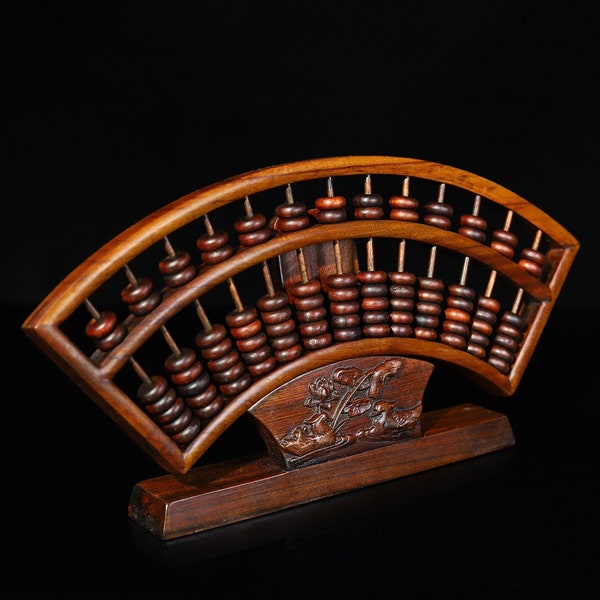 Collect natural rosewood hand carved flower and bird pattern abacus fan screen ornaments,fine carving worthy of collection