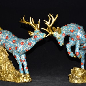 Chinese antique collection pure copper cloisonne deer statue ornaments a pair,home decor,exquisite and precious,worth collecting