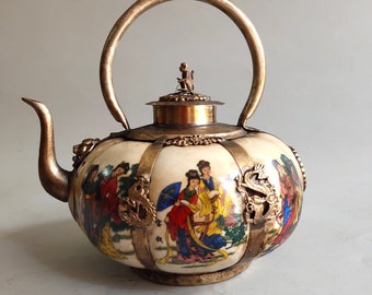 Early collection of beautiful woman porcelain pot outsourcing copper  teapot ornaments