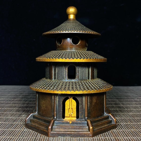 Chinese Antique Hand-carved Pure Copper Gilt Pagoda Incense