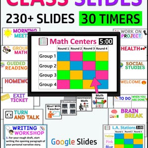 Classroom Slides With Timers, Daily Google Slides, Templates for Class Management, School Agenda Slides, Morning Slides, Center Rotations