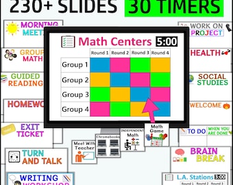 Classroom Slides With Timers, Daily Google Slides, Templates for Class Management, School Agenda Slides, Morning Slides, Center Rotations