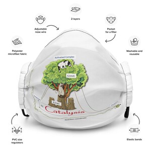 May include: White face mask with a graphic of a tree and cats, labeled "Catalysis." Features include adjustable nose wire, elastic bands, and a pocket for a filter. Made of polyester microfiber fabric, it is washable and reusable.