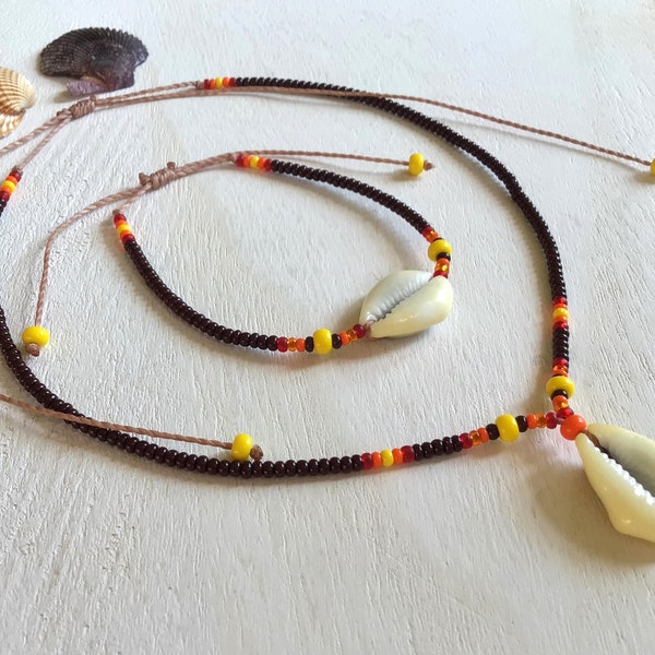 Glass Beads & Cowrie Shell Necklace/Bracelet, Beads and Shell Choker, Adjustable Waterproof Necklace, Surf Girl, Summer Beach Boho Jewelry