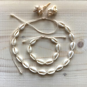 Cowrie Shell Necklace Bracelet Set: Czech Glass Beads Waterproof Boho Jewelry