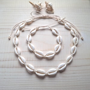 Cowrie Shell Necklace Bracelet Set: Czech Glass Beads Waterproof Boho Jewelry