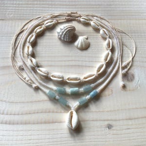 Kauri Muschel & Aquamarin Perlen Halskette Set: Boho wasserdichter Schmuck