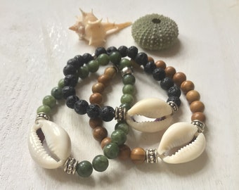 Gemstone Beaded Shell Bracelet, Cowrie Shell Bracelet, Natural Tigerskin Jasper/Taiwan Jade/Lava Rock Bracelet, Boho Hippie Jewelry