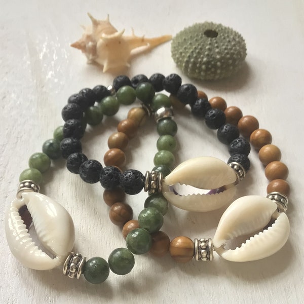 Gemstone Beaded Shell Bracelet, Cowrie Shell Bracelet, Natural Tigerskin Jasper/Taiwan Jade/Lava Rock Bracelet, Boho Hippie Jewelry
