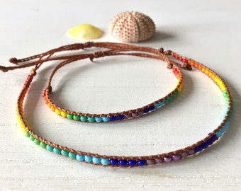 Rainbow Beaded Bracelet Anklet: Waterproof Czech Glass Boho LGBTQ Pride Jewelry