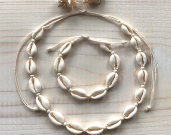 Kauri Muschel Kette Armband Set: Böhmische Glasperlen, wasserfester Boho Schmuck