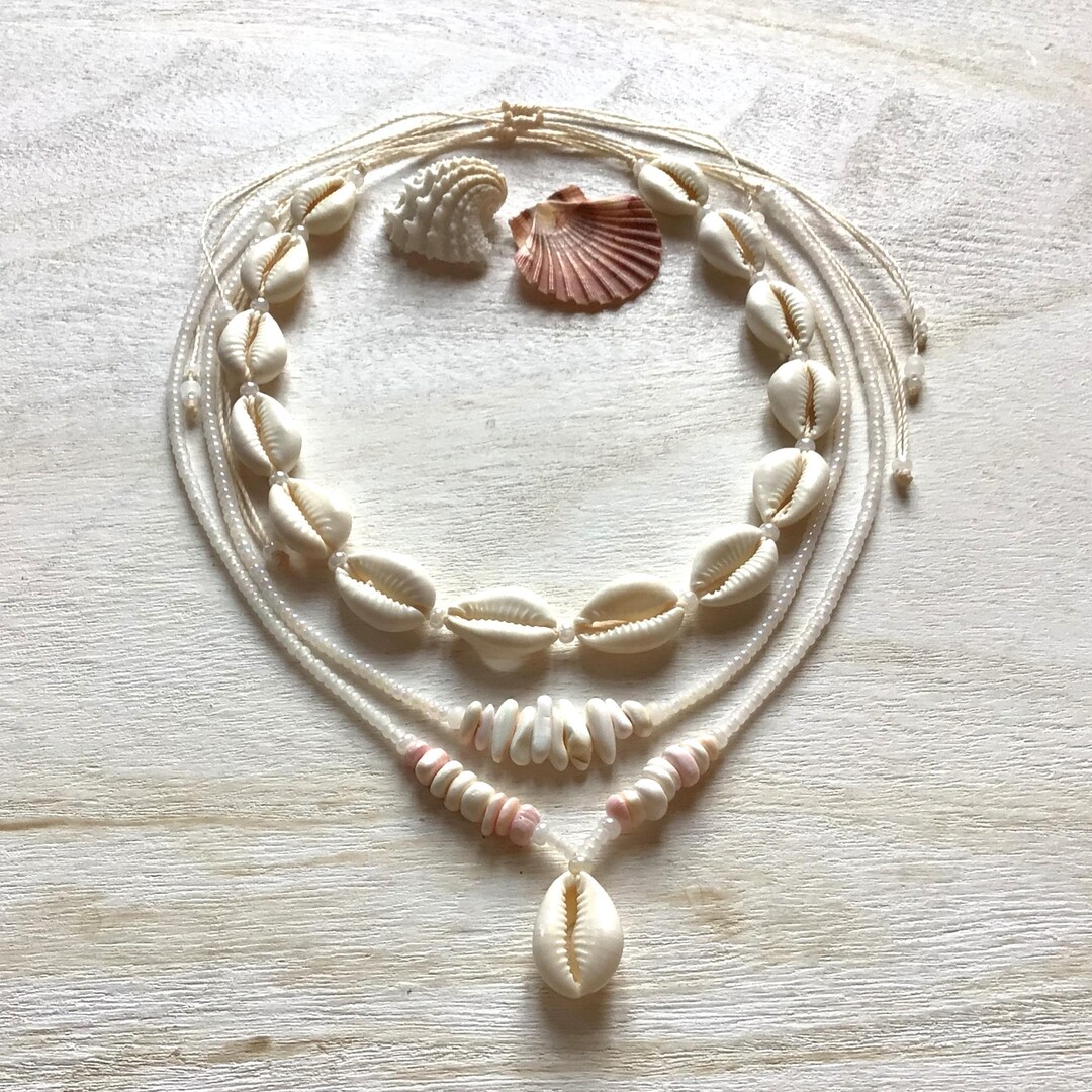 Glass Beads & Cowrie Shells and Puka Shell Beads Necklace, Shell Choker ...