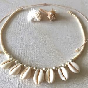 Shell Choker, Glass Beads / Hematite & Cowrie Shell Necklace, Waterproof Pearl Color Necklace, Summer/Beach/Boho/Hippie Jewelry