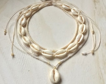 Glass Beads & Cowrie Shell Necklace, Shell Choker, Beaded Adjustable Waterproof Necklace, Layered Necklace, Summer/Beach/Boho Hippie Jewelry