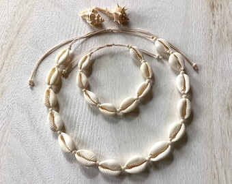 Cowrie Shell & Pearl Glass Beads Necklace and Bracelet, Shell Choker and Bracelet Set, Summer Jewelry, Adjustable Waterproof Boho Jewelry