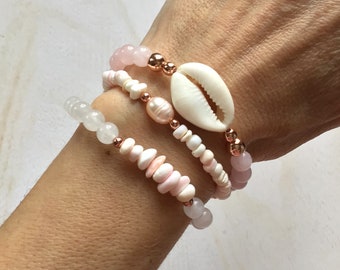 Edelsteen kralen schelp & parel armband, witte jade/rozenkwarts/parel/Puka/kauri schelp armband, roségouden kleur armband, Boho armband