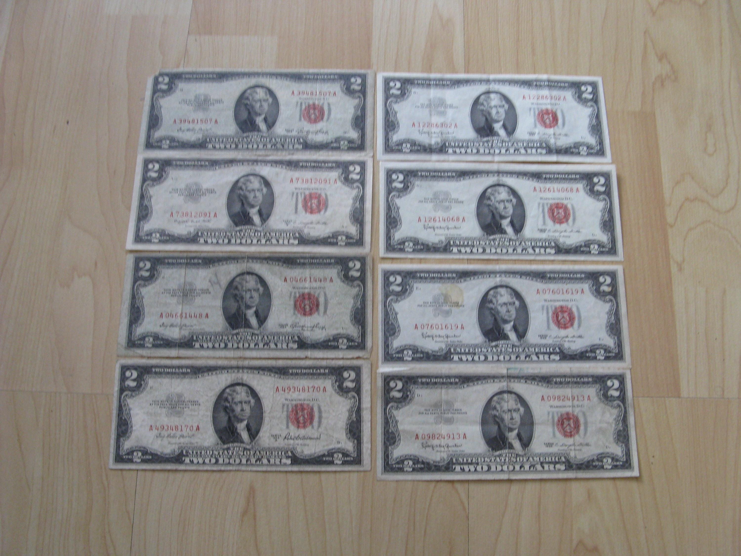 Lot of 8 x 1953 / 1963 Red Seal Two Dollar US Banknotes