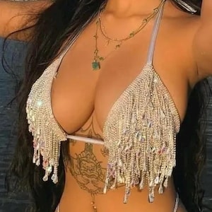 Handmade Rhinestone Fringe Bra Top: Iridescent Crystal Showgirl Costume