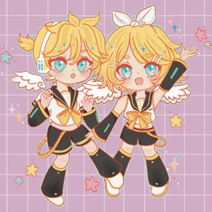 May include: Two anime-style figures with yellow hair, wearing white and black outfits with yellow bows, and angel wings. They are standing on a pink and white checkered background with stars.