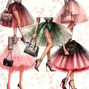 Clipart mode, jupe Tutu PNG, 14 PNG, fille glamour fashion avec jupe en tulle, ensemble d'illustrations élégantes, autocollants numériques et sublimation