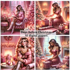 Ilustración de días antes de Navidad: elegantes escenas de brillo rosa, ilustraciones de glamour navideño, papel digital, uso comercial